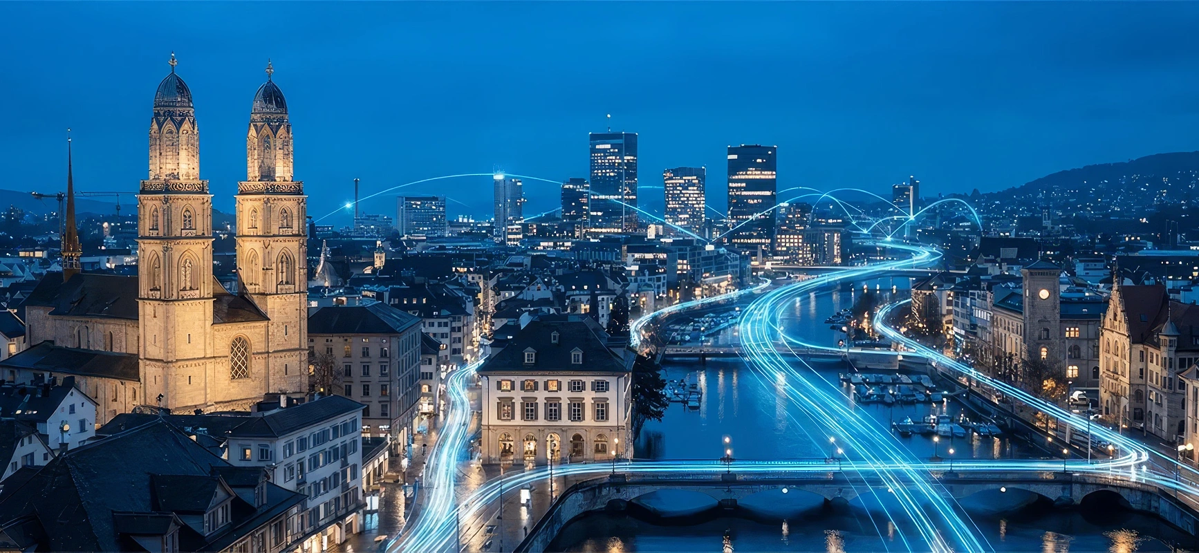 Zurich skyline at night with lines of light running through the city